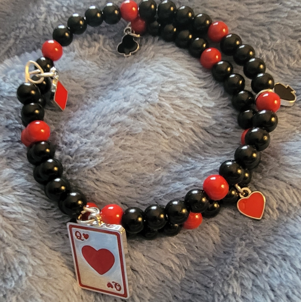 Handmade bangle, "cards", black and red bracelet